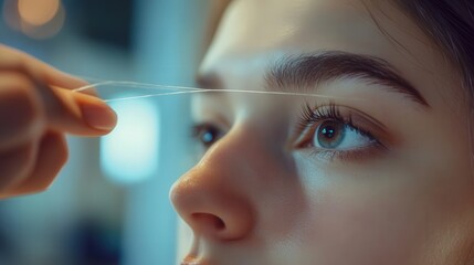 Eyebrow threading demonstration in a beauty salon during early evening hours
