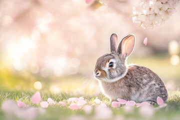 Fototapeta premium Rabbit sitting gracefully among pink flower petals with a softly blurred background creating a serene and tranquil atmosphere