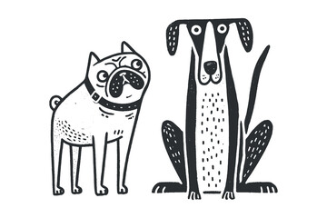Two comical dogs. Bulldog and Great Dane. Black and white hand drawn primitive illustration