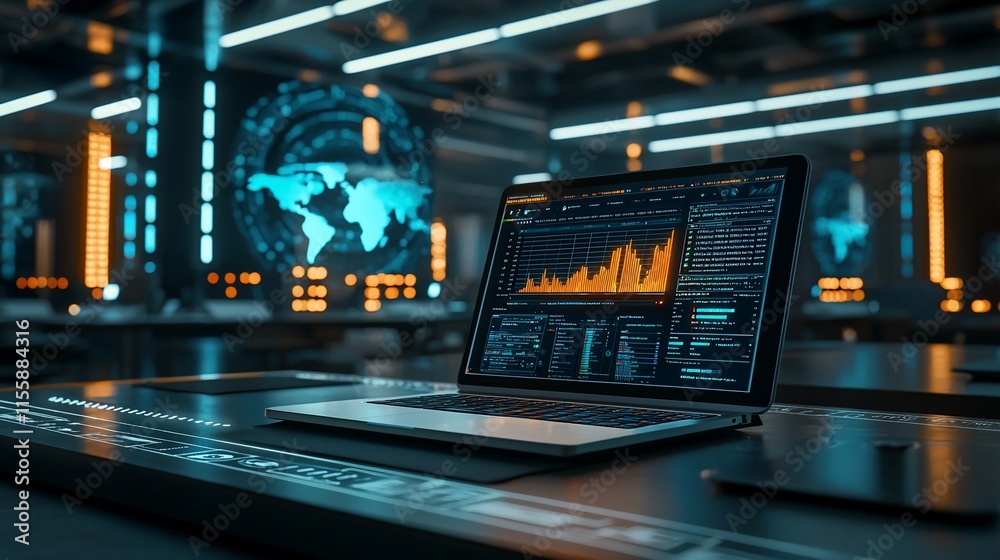 Poster laptop displaying data analytics in futuristic office.
