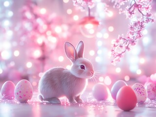 Easter setting featuring hand-painted eggs and a classic bunny, surrounded by subtle futuristic elements 