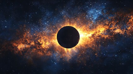 Obraz premium Illustrate a solar eclipse against a deep, starry night sky, with the sun partially hidden by the moon