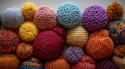 Colorful knitted woolen balls and hats.