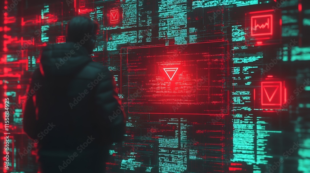Aufkleber Silhouette of a Man Observing Secure Digital Display of Red Security Panels in a High-Tech Environment : Generative AI