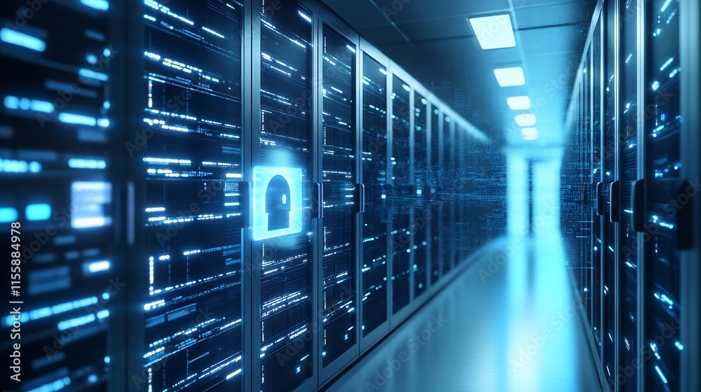 Poster Futuristic Data Center with Cybersecurity Elements and Digital Connectivity Lock Symbol : Generative AI