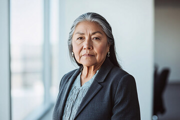 A minimalistic portrait of a mature Asian woman with long gray hair, dressed in a black suit, exuding confidence in a modern office environment