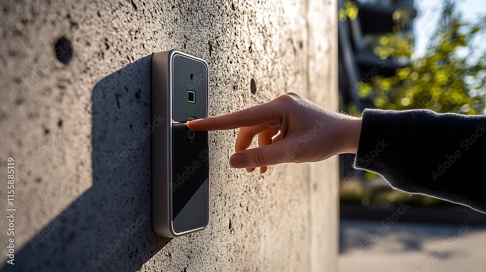 Aufkleber advanced smart doorbell on contemporary building with finger touch interaction : generative ai