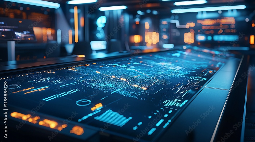 Poster Futuristic digital map displayed on a large interactive table in a high-tech control room.