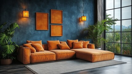 Stylish living room design featuring orange sofa and greenery in modern urban setting with natural light
