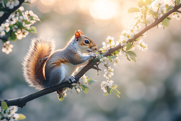 Obraz premium A minimalistic portrait of a cCblooming branch, showcasing delicate flowers with soft sunlight in the background creating a serene atmosphere