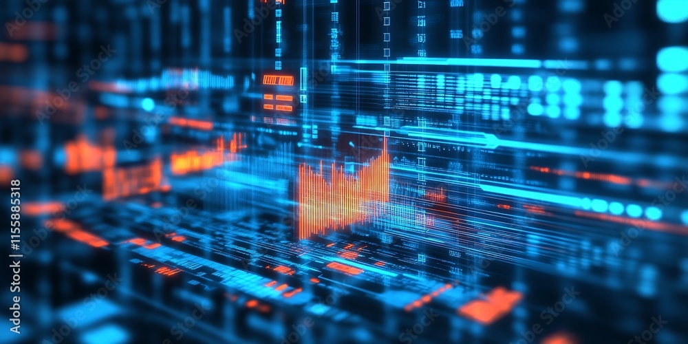Poster Advanced Data Visualization with Dynamic Blue and Orange Digital Graphs : Generative AI
