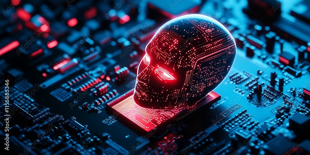 Poster Innovative Artificial Intelligence Concept with Red Digital Face on Circuit Board : Generative AI