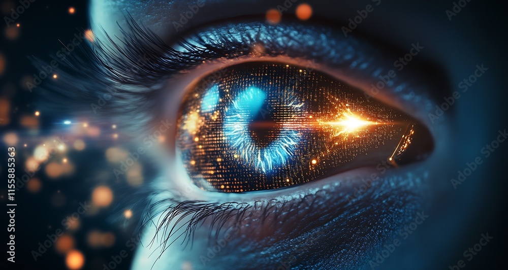 Poster Close-up of digital blue eye with luminous binary patterns reflecting advanced technological innovation : Generative AI