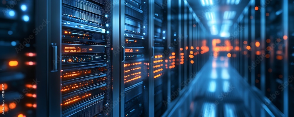 Poster Advanced Data Center with Blue Ambient Lighting and Modern Server Equipment : Generative AI
