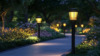 Twilight Garden Pathway with Glowing Lanterns Amidst Blooming Flowers : Generative AI