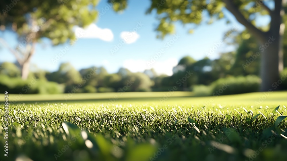Poster serene green grass meadow with soft focus trees under clear blue sky : generative ai