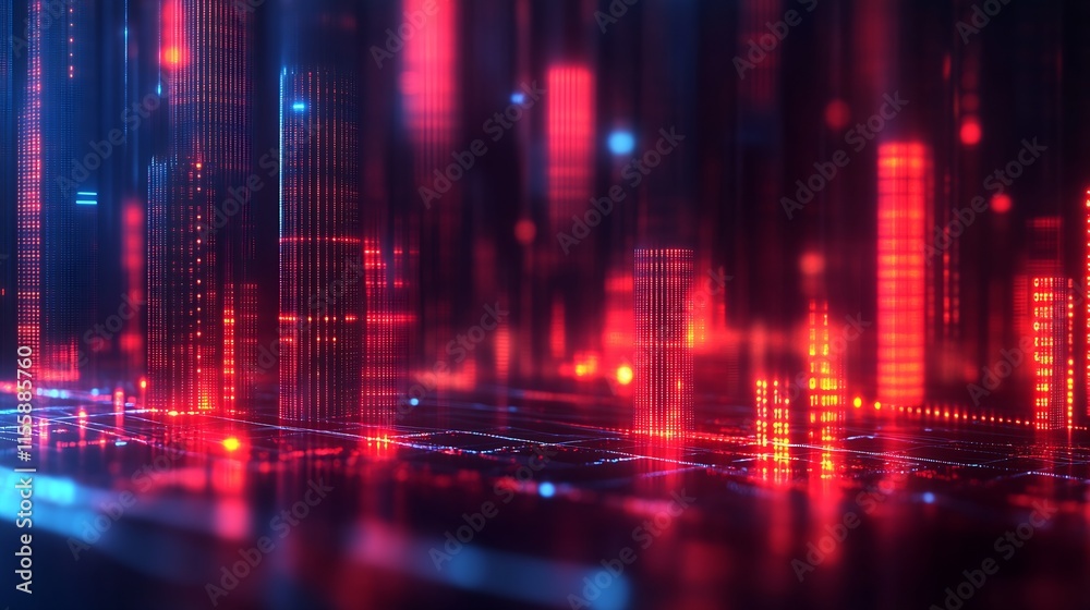 Poster futuristic red digital cityscape with glowing light bars in scifi abstract environment : generative 