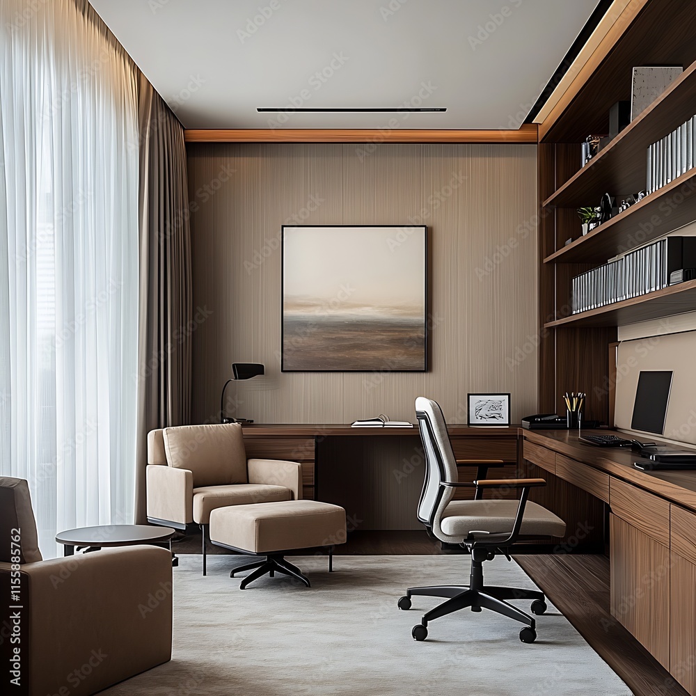 Poster contemporary home office featuring light neutrals and elegant furnishings for a calm and productive 
