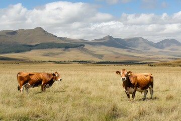 Obraz premium Jersey Cows Grazing in a Verdant South African Meadow Under the Sun