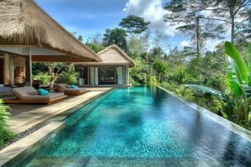 Fototapeta premium Contemporary House Featuring a Luxurious Poolside Retreat with Sunbeds and Modern Outdoor Decor