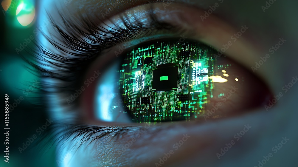 Poster close-up of a human eye reflecting futuristic circuitry and digital technology : generative ai