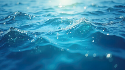 Obraz premium De-focused transparent dark blue colored clear calm water surface texture with splashes and bubbles. Trendy abstract nature background. Water waves in sunlight with copy space.