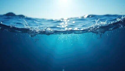 De-focused transparent dark blue colored clear calm water surface texture with splashes and bubbles. Trendy abstract nature background. Water waves in sunlight with copy space.