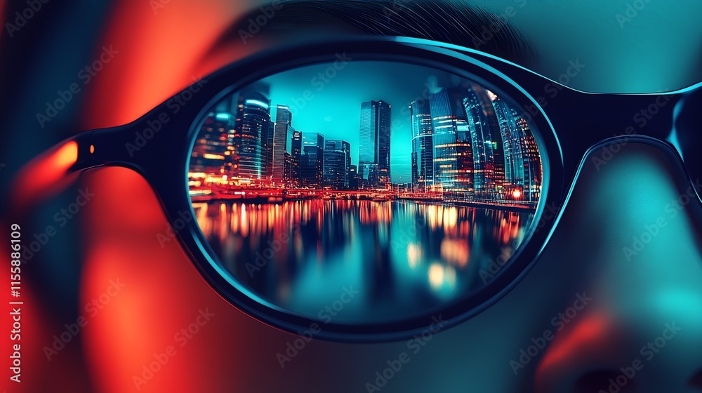 Poster stylish eyeglass mirror image of a lively urban nighttime skyline view : generative ai