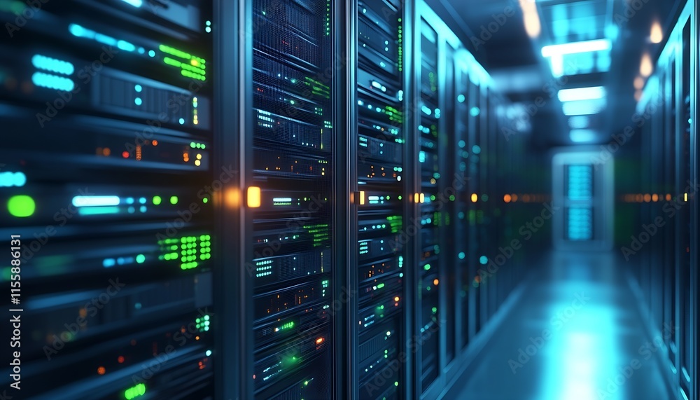 Poster Modern Data Center with Advanced Servers and Neon Lighting for Technological Innovation : Generative AI