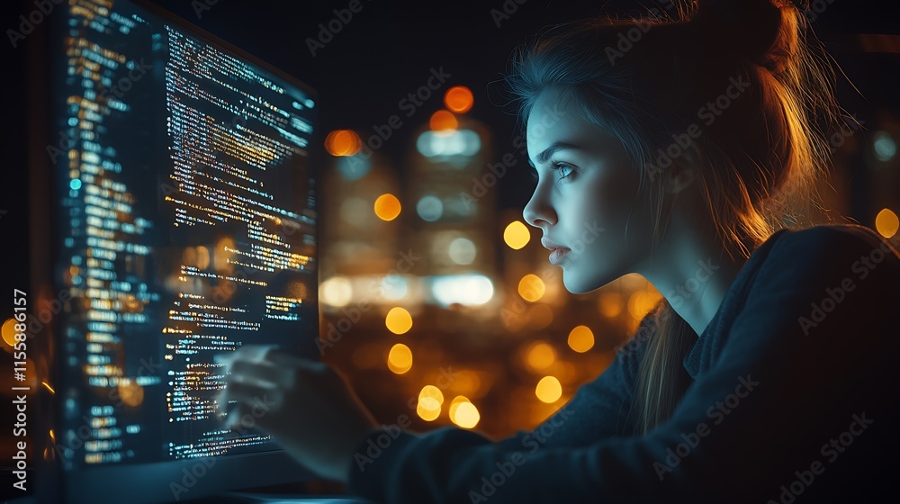 Aufkleber Dedicated Female Software Engineer Coding at Night Against Urban Backdrop : Generative AI