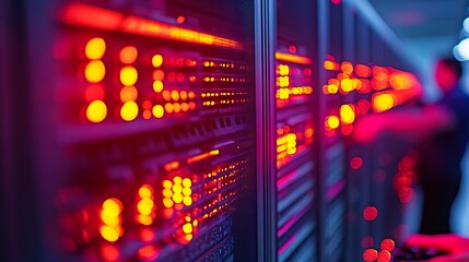 Obraz premium Row of Network Servers with Illuminated Lights Highlighting Modern Data Center Technology : Generative AI