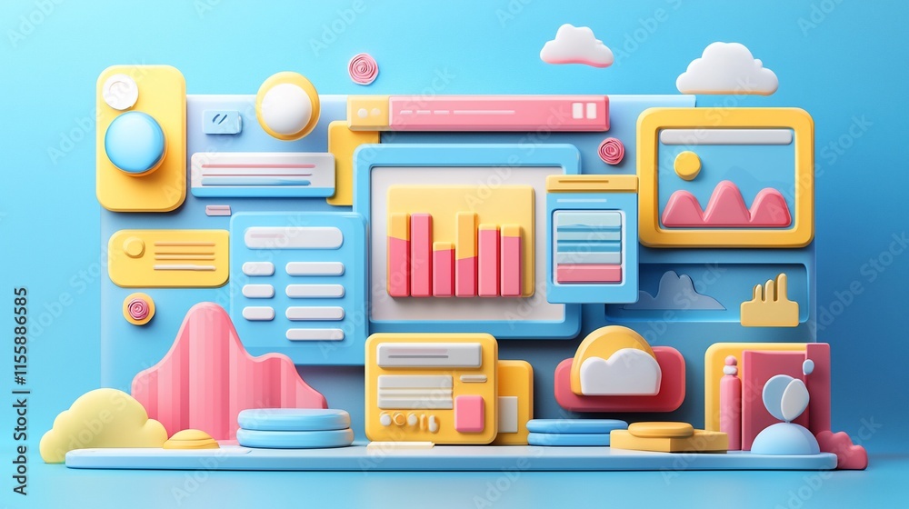 Aufkleber colorful 3d illustration of website ui elements, data charts, and cloud computing icons.