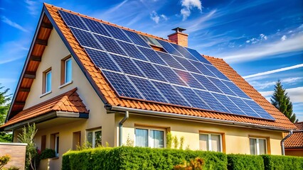 Fototapeta premium Solar Panels on House Roof Harnessing Photovoltaic Energy for Clean and Sustainable Residential Power Solutions