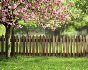 Vibrant Backyard with Spring Tree and Rustic Wooden Fence Surrounded by Lush Green Grass