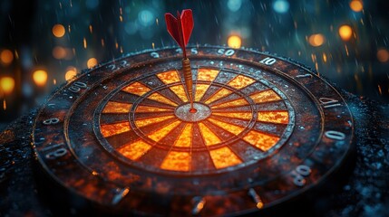 Rusty dartboard with red arrow in the bullseye in the rain.