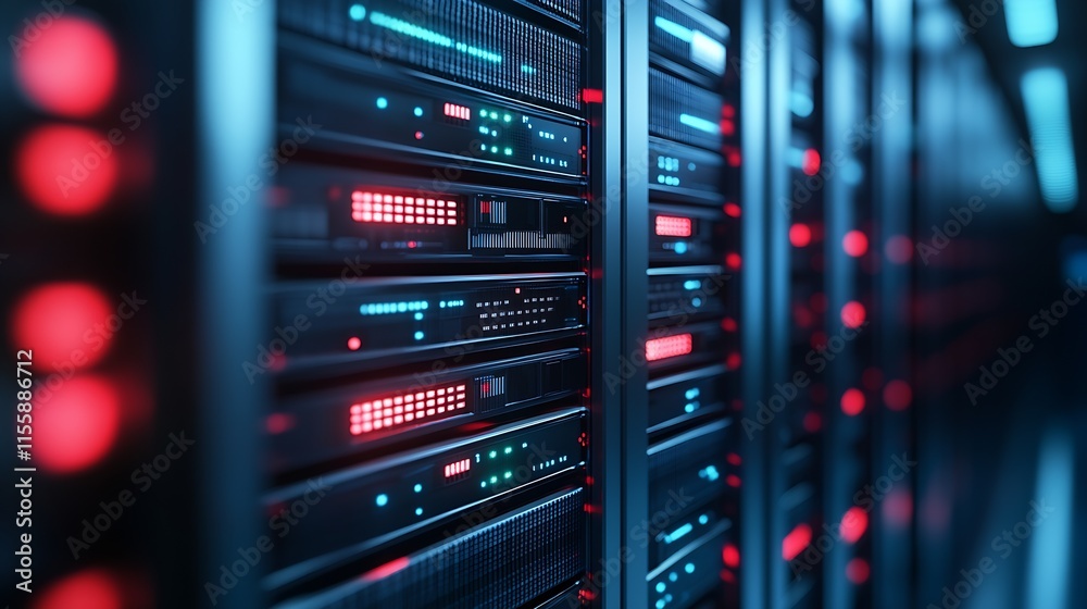 Aufkleber Futuristic Data Center Server Racks Displaying Vibrant LED Configurations and Technology : Generative AI