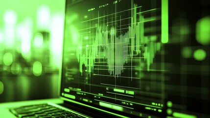 Fototapeta premium Modern Laptop with Green Digital Financial Analytics Display in Workspace : Generative AI