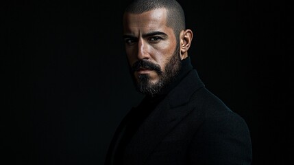Fototapeta premium Intense portrait of a serious, stylish man with a beard, wearing a dark turtleneck and coat against a black background.