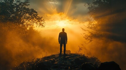 Fototapeta premium Silhouette of a Man at Sunrise: Peaceful and Inspiring