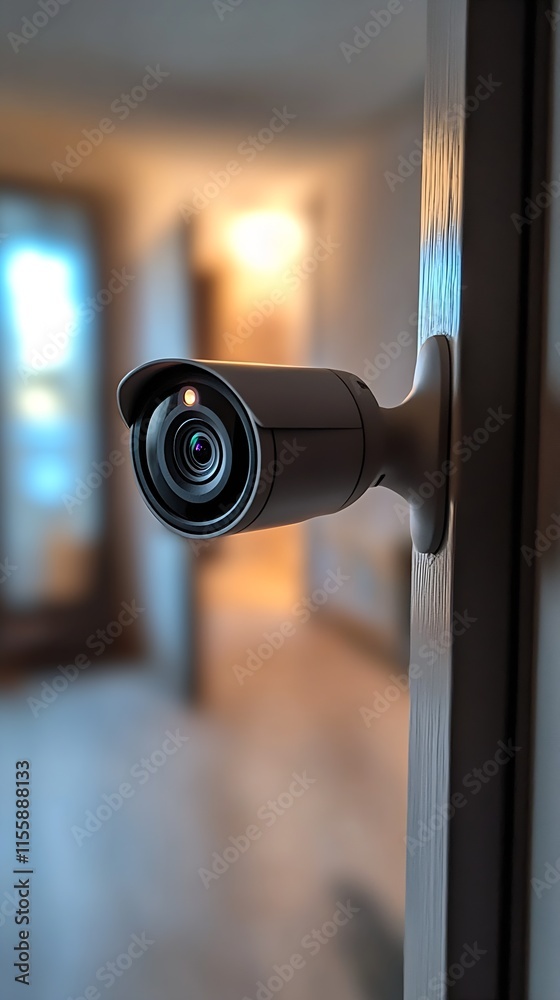 Poster modern security camera close-up in a cozy home environment : generative ai