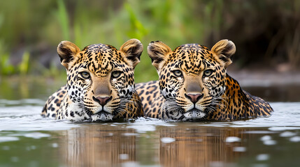 Naklejka premium Two Leopards in a River in Africa