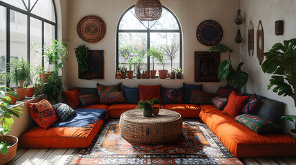 Sunlit bohemian living room with low seating, vibrant textiles, and plants.