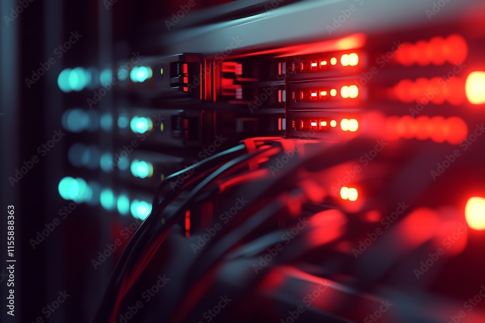 Fototapete modern server infrastructure with led lights and network cables : generative ai