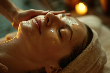 Young person relaxing on bed in spa salon and getting massage generative ai