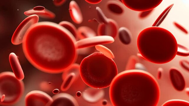 This video captures red blood cells coursing through a blood vessel, showcasing the vital process of oxygen transport in the human body, Dynamic depiction of oxygenated red blood cells