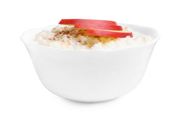 Delicious rice pudding with cinnamon and apple isolated on white