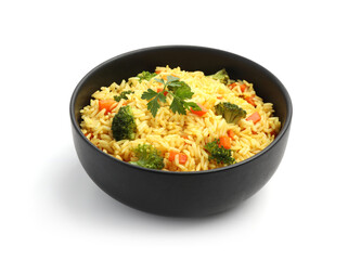 Tasty rice with vegetables isolated on white