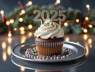 welcome new year 2025 with cupcake and white cream