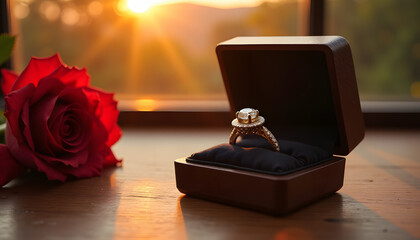 Stunning wedding ring in an open jewelry box, Valentine's Day with a rose and sunset light
