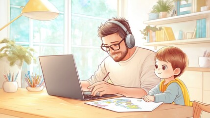 A man is sitting at a desk with a laptop and a child is sitting next to him